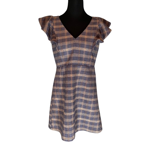 Altar'd State Dresses & Skirts - Altar'd State Plaid Ruffle Sleeve V-Neck‎ Fit & Flare Mini Dress M Dark Academia